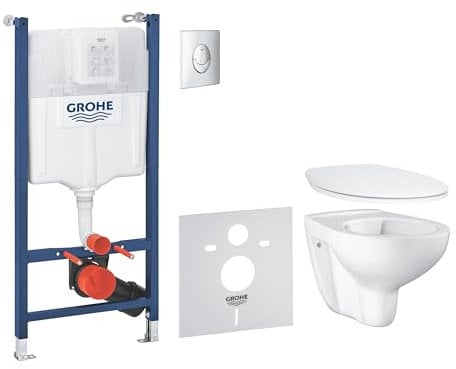 GROHE Solido Bau Ceramic 5-in-1 Bundle (Wall Hung Rimless Toilet with Soft Close Seat, Flush Plate in Chrome, Frame, Sound Insulation Set, 2 Wall Brackets with Fixing Material), 39888000
