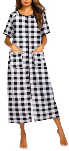 Ekouaer Damen-Bademantel mit Reißverschluss vorne, kurze Ärmel, volle Länge, Hausmantel mit Taschen, Loungewear, Größe S-4XL, Schwarz Plaid , XXX-Large