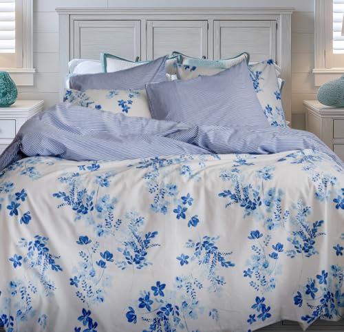 LERUUM Housse De Couette 220x240 Coton Adulte Parure De Lit Bleu Fleurie Rayures Reversible pour 2 Personnes avec 2 Taies (Bleu 240x220cm+2(65 x 65)