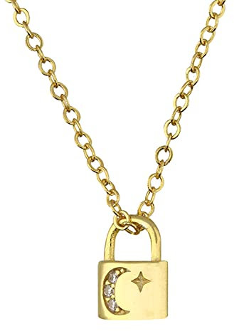 Old English Jewellers 9ct Yellow Gold on Silver Moon & Star Padlock Necklace Pendant - 16 to 18 INCH