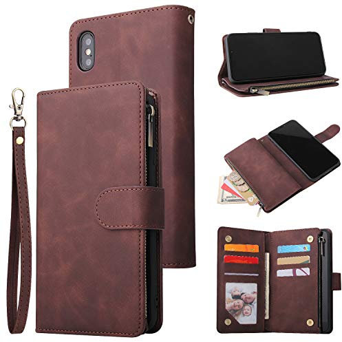 UEEBAI Wallet Case for iPhone Xs Max, Premium Vintage Leather Magnetic Closure Handbag Zipper Pocket Case Kickstand Card Holder Slots Wrist Strap Shockproof Flip Cover for iPhone Xs Max - Coffee