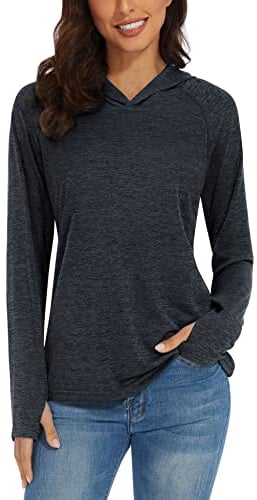 TACVASEN UV Shirt Damen UPF 50+ Schnelltrocknend Atmungsaktiv Sun Hoodie Langarm mit Daumenlöcher Leicht Schwarz S