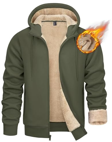 KEFITEVD Felpa con cappuccio da uomo foderata in pile Sherpa con cerniera antivento felpa invernale calda con tasche, Verde militare, XXL