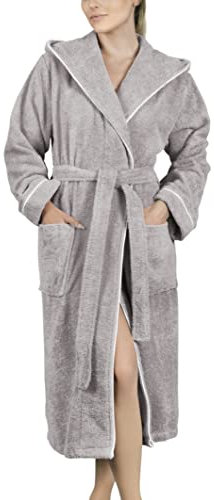 LAYNENBURG Bademantel Damen Frottee - Kapuze - Lang - 100% Baumwolle (360g/m2) - OEKO TEX Standard 100 - Größe (S, Grau)