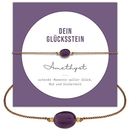 happymaker - Amethyst Armband Damen, Edelstein Armband lila mit 18k vergoldete Perlen, Geschenkverpackung, Glücksarmband Frauen, Geburtsstein Februar, handgemacht in Deutschland
