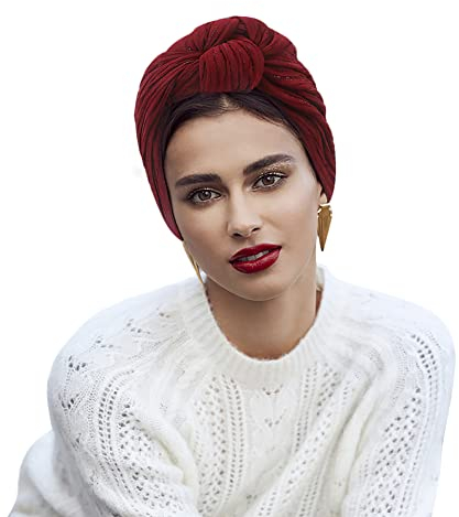 ITODA Turban Mütze Damen Modern Kopftuch Retro Turbanhut Vorgebunden Knot Turban mit silbernem Filigran Kopfwickel Kappe Schlafhaube Geflecht Motorhaube Weich Kopfbedeckung für Haarausfall Weinrot