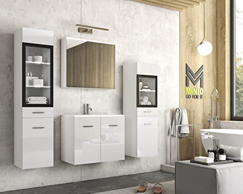 MINIO go for it - Badezimmermöbel Set Marit 2, mit LED-Belechtung, Wandspiegelschrank, Schrank mit Waschbecken, Farbe: Weiß Matt/Weiß Hochglanz