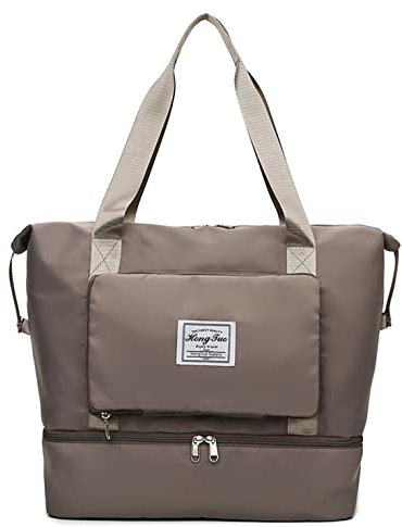 Faltbare Reisetasche mit Schuhfach, große Kapazität, faltbare Wochenendtasche, Übernachtungstasche, F-Khaki, Large, Klappbar