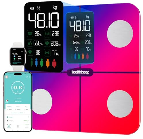 Körperfettwaage Personenwaage, Waage Personen mit Körperfett und Muskelmasse 15 Körperdaten Körperwaage mit Körperfettanalyse, Smart Waage mit APP, Großes Display, irisierend