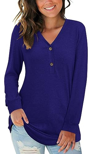AUSELILY Women's Long Sleeve V-Neck Button Tops Henley Blouse Causal Loose T Shirt(Royal Blue,XL)