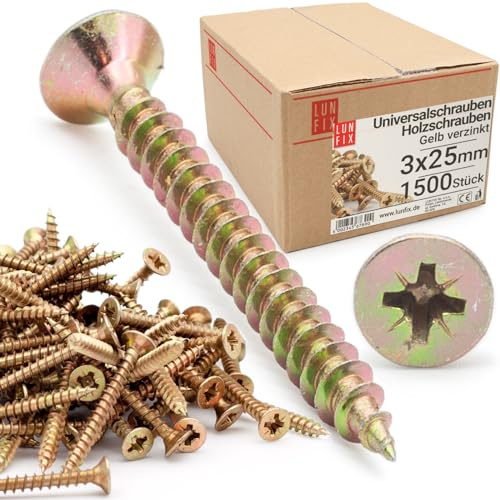 LUN FIX Vis a Bois 3,0x25 mm 2000 Pièces, Jaune Galvanisée, Universelles | Cruciforme PZ1, Tête Fraisée, Filetage Complet Autoforeuse, Autotaraudeuses, pour Terrasse, Panneau Bois, Toit