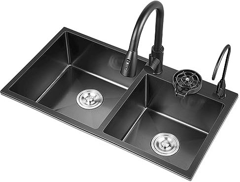 Küchenspüle, schwarzes Nano-Doppelwaschbecken, 3-Loch-Barspüle mit Tassenspüler und Wasseraufbereitungshahn für Badezimmer, Küche, Bar, Bar Küchenspüle (Farbe: Schwarz, Größe: 31,5 * 17,7 *
