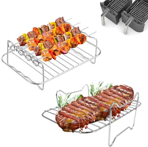 2 Stück Heißluftfritteuse Grillrost, Airfryer Zubehör, Luftfritteusenständer mit 4 Spießen, Edelstahl Dual Heißluftfritteuse Zubehör, Heißluftfritteuse Air Fryer und Grill für Hähnchen Gemüse Steak