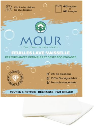 MOUR - Feuilles Lave Vaisselle Éco-engagés - 48 Lavages - Votre Vaisselle Étincelante, Dégraissée et sans Résidus - Zéro Plastique - Pratique à Utiliser et à Ranger