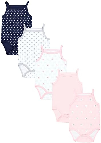 TupTam Body Baby Mädchen 5er Set – Sommer Body Baby mit Spaghettiträgern aus 100% Baumwolle, Farbe: Bärchen Rosa Weiß Herzen Dunkelblau Sterne Grau Apricot, Größe: 80