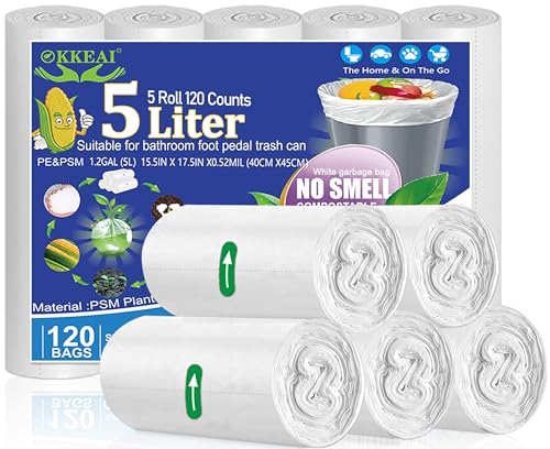 OKKEAI Kleine Müllbeutel 5L Müllsack 120 Stück Weiß Abfallbeutel für Badezimmer,Büro
