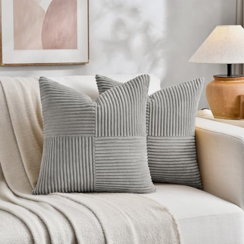 FDTERN 2er Set Neutral Grau Kordsamt Kissenbezug 40x40CM Weich Moderne Dekorative Kissenbezüge Kissenhülle Dekokissenbezug Sofakissen Dekokissen Boho Deko für Sofa Schlafzimmer Wohnzimmer Balkon