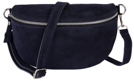 MIRROSI® Bauchtasche Damen, Made in Italy, Echtleder Umhängetasche Echtes Leder, Brusttasche, Crossbody Bag aus WLD Veloursleder, in 3 Größen erhältlich (Navy WLD Silberner Reißverschluss) (Gr.S)