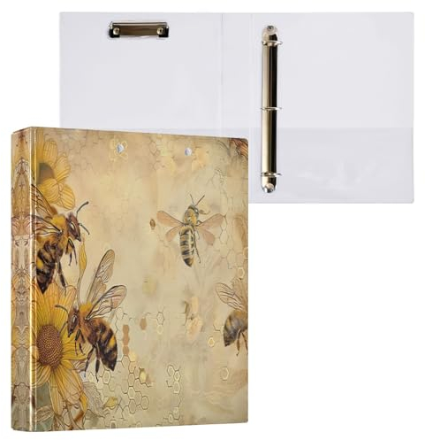 3,5 cm großer Ordner mit 3 Ringen, Vintage-Bienen und Sonnenblumen, niedlicher Ordner, drei Ringe für 200 Blatt, langlebige Basisordner für Schule, Büro, Zuhause, 1 Packung