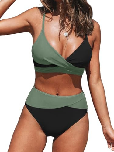 CUPSHE Maillot de bain deux pièces pour femme - Taille haute - Col en V torsadé sur le devant - Bretelles spaghetti réglables, noir/vert, Taille XL