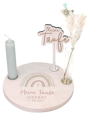 hellomini Personalisierter Taufteller - Taufgeschenk für Jungen Mädchen - Taufdeko mit Gravur - Taufandenken - Personalisierte Geschenke zur Taufe (Regenbogen Rosa)