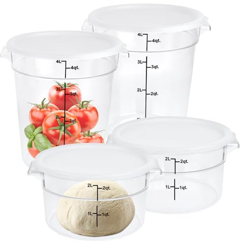 Milkary 4Pcs Food Storage Container with Lids, Clear Round Dough Proofing Container, Commercial Containers with Scales and Handles for Bread Dough Rise Fridge Kitchen Organization 2 Qt 4 Qt (White)