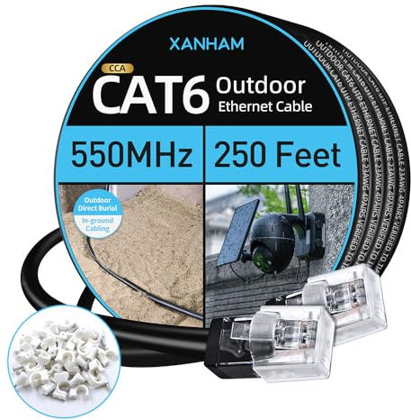 XANHAM Cat6 Ethernet-Kabel für den Außenbereich, 75 m, wasserdicht und UV-beständig, direkte Erdungsummantelung, CCA-Kupferummantelung, Cat6 UTP-Netzwerkkabel für Internet und Kamera, CCTV
