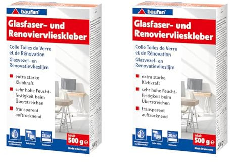Baufan Glasfaser- und Renoviervlieskleber 500g I Starker Tapetenkleister für schwere Wandbeläge & Raufaser I Ohne Lösungsmittel I Für Rolle & Bürste (Packung mit 2)