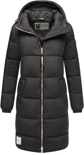 MARIKOO Damen Wintermantel warmer Steppmantel mit Kapuze und hochwertigen roséfarbenen Details und Kapuze Nomadiaa 16 Black Gr. XL