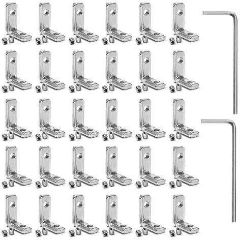 Bofanze Lot de 30 Connecteur D'angle 2020 Support de Joint en L Équerres Intérieures en T Supports de Raccord d'angle Intérieur avec 60 Vis et 2 Clé Hexagonales pour Connecteur de Profilé en Aluminium
