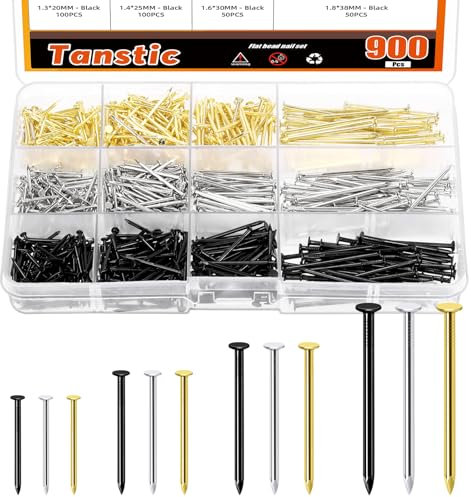 Tanstic Finishing Nails Nail Assortment Kit, Wood Nails Picture Hanging Nails Galvanized Nails for Hanging (Black,Gold,Silver)