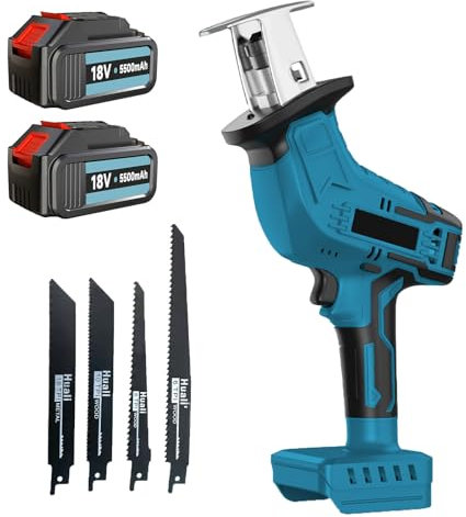 Akku Säbelsäge, Elektrisch Tigersäge mit 2x5500mAh Batterien, Ersatz für Makita 18V Akku, 4 Sägeblättern und 3000spm Professional Säbelsäge für Metall, Holz, PVC-Rohre, Baumschnitt