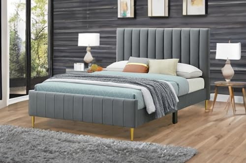 Sareer Furniture Elton Bed, Bed Frame in a box, Contemporary Grey Upholstered Bed Frame with Headboard, Wood Slat support, 4ft6 Double bed, Grey (Double)
