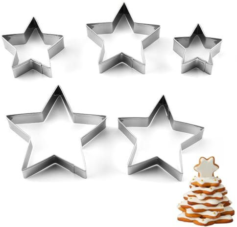 Set tagliabiscotti, 5 pezzi tagliabiscotti a forma stella in acciaio inox, 5 diverse misure utensili forno fai, per casa, panetteria, pasticceria, Natale, festa, compleanno, argento