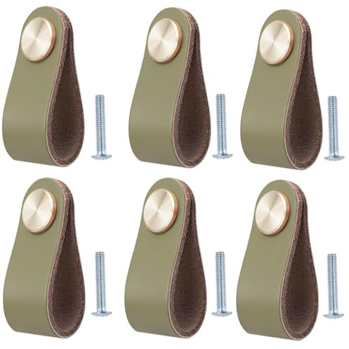 BOOLSFMAM 6 Stück Ledergriffe für Möbel,6.4 x 2.5 cm Handgemachte Griff Möbelknöpfe Leder Möbelgriffe,Schubladengriff Schrankknöpfe für Küchenschränke, Kleiderschrank (Grün)