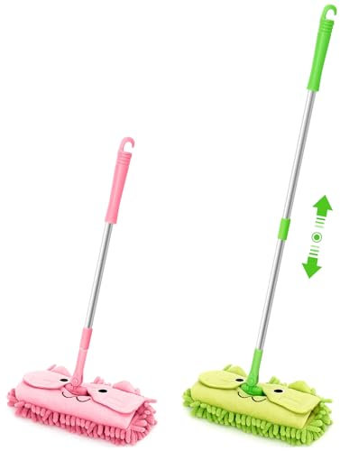 Reallnaive 2pcs Mini Microfiber Mop Cartoon Small Flat Dust Mops with Extension Stainless Steel Handle 360 Degree Rotation for Playing Clean Bedroom Floor Window Car, Green and Pink