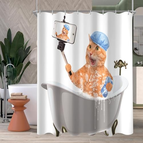Lerores Duschvorhang 120x200 cm Cat Selfies, Beschwerter Saum Antischimme, Wasserabweisend, Waschbar Polyester Badevorhänge mit 8 Ösen und Duschvorhangringen für Badezimmer, Badewanne