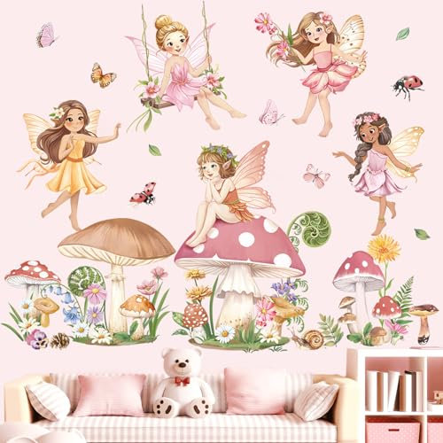 decalmile Stickers Muraux Fée Fleurs Rose Autocollant Mural Fille Floral Elfes Champignon Papillons Décoration Murale Bébé Fille Chambre Enfants Pépinière