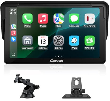 Carpuride Carplay Screen, Tragbares Kabelloses Carplay und Android-Auto, 7 Zoll 1080P HD-Touchscreen-Radio mit BT 5.0, Spiegel-Link-Unterstützung, LKW, Wohnmobil, Armaturenbrett-Halterung