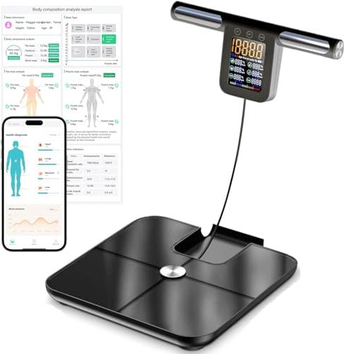 Körperfettwaage mit Handsensoren, Körperanalysewaage mit Großer Display-Griff, Waage mit 8 Hochpräzisen Sensoren und APP, Personenwaage mit Körperfettanalyse für 32 Messwerten (Black)