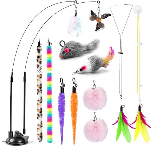 Interactive Feather Cat Teaser Wand Toy - Durable Cat Wand with Bells for Indoor Kittens & Adult Cats, Kitten Toys & Interactive Cat Toys for Indoor Play