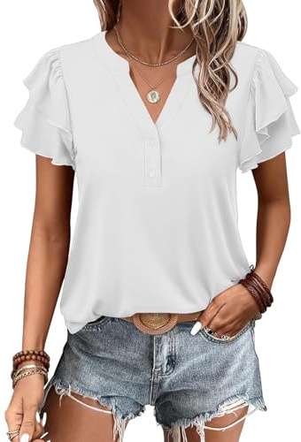 Cuptacc T Shirts for Women UK Summer Ladies Tops Elegant V Neck | With Button Placket,Solid Color,Ruffle Sleeves,Breathable,Casual,Comfortable,Office Outfit,Travel