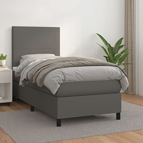 LoogCape Boxspringbett Grau 100x200 cm, Kunstleder, höhenverstellbares Kopfteil, Taschenfederkernmatratze, mittelfest, für Schlafzimmer, langlebig