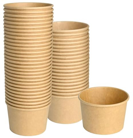 PISTISJACK Pack of 50 Soup Cups, Kraft Cardboard Salad Bowl, Ice Cream Sundae Cardboard, Paper Snack Cups, Compostable Cups, Brown for Soup, Salad, Dessert, Appetizers (400 ml)