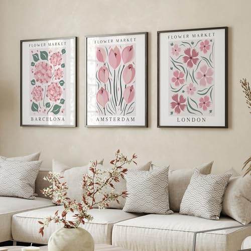 Poster 3er Set, Wandbilder, Rosa Blumenarrangement Bilder, Poster & Kunstdrucke für Wanddeko Wohnzimmer & Schlafzimmer, Ästhetische Kunst ohne Rahmen (21x30 cm)