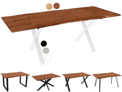 SAM Baumkantentisch 200 (300) x 100 cm Avino, Akazienholz nussbaumfarben & massiv, Esszimmertisch mit 2 Ansteckplatten, Weißes X-Metallgestell, Esstisch ausziehbar 8-10 Personen