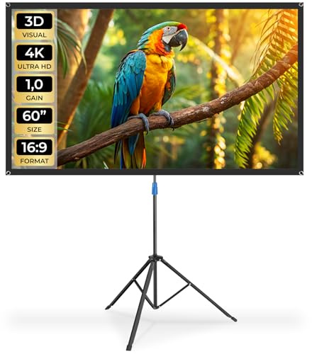 tectake® Pantalla Proyector Portatil 60 Pulgadas 16:9 Compatible con 4K, Ultra HD, Full HD, con Trípode Regulable, Pantalla Proyector Enrollable con Tela sin Arrugas - 77 x 140 x 198 cm