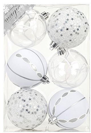 Inge-Glas Christbaumkugeln 8cm Silber/Weiß Motive Ornament Dekor Kunststoff bruchfest Dekokugeln Weihnachtskugeln Baumkugeln Baumschmuck Set Christbaumschmuck Weihnachtsschmuck 80mm