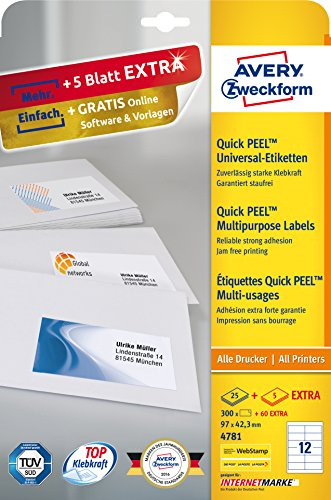 Avery Zweckform Adressetiketten 97x42,3 mm (30 Blatt, 360 Etiketten, weiß, 2)