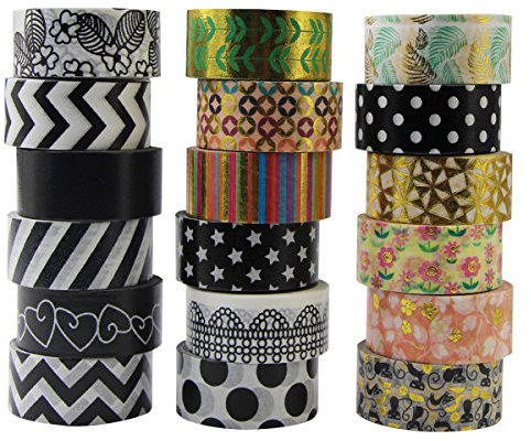 Set di 18 rotoli di nastro Washi oro nero, 15 mm x 4 m, rotolo decorativo per fai da te